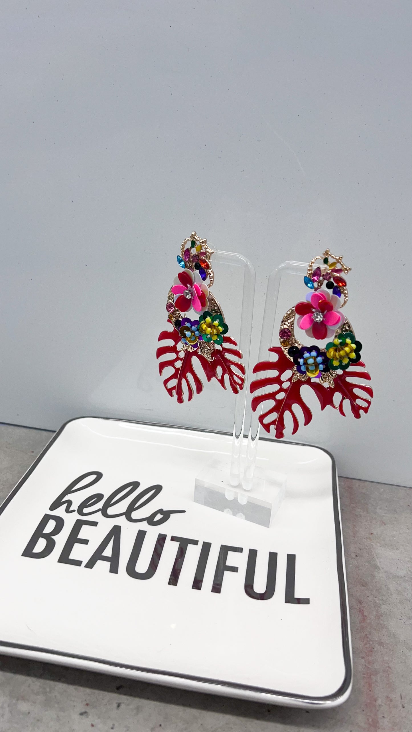 Tropical Leaves & Sequin Flower Drop Earrings-Red