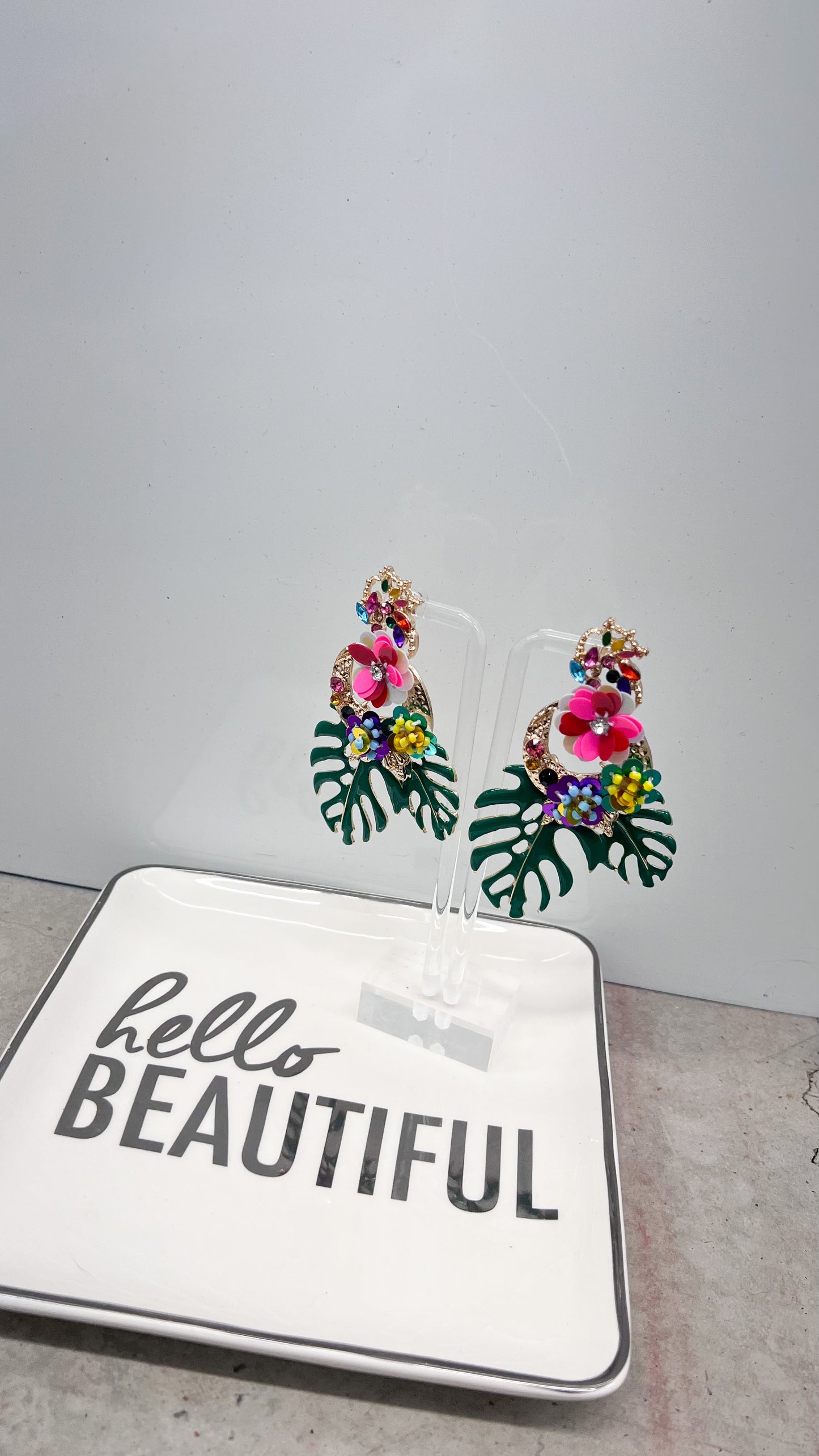 Tropical Leaves & Sequin flower Drop Earrings-Green