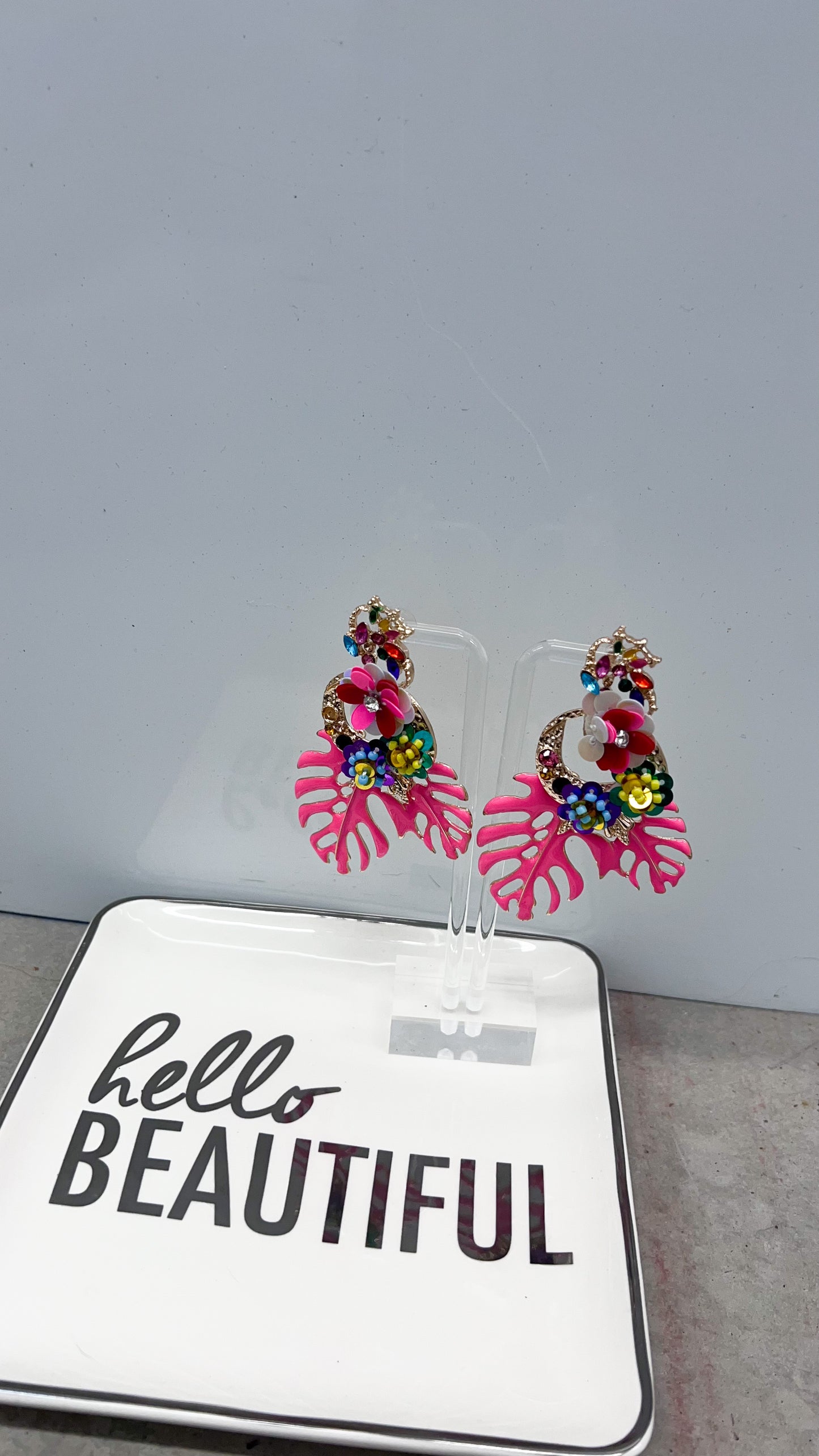 Tropical Leaves & Sequin Flower Drop Earrings- Pink