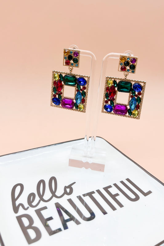 Multicolor Rhinestone Square Statement Earrings