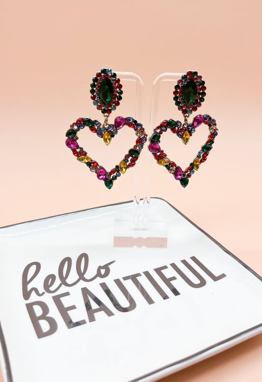 Colorful Rhinestone Heart Drop Earrings