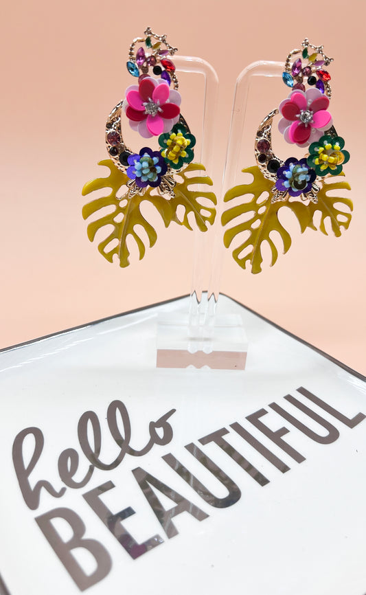 Tropical Leaves & Sequin Flower Drop Earrings-Yellow