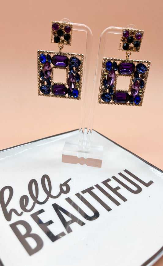 Blue & Purple Multicolor Rhinestone Square Statement Earrings